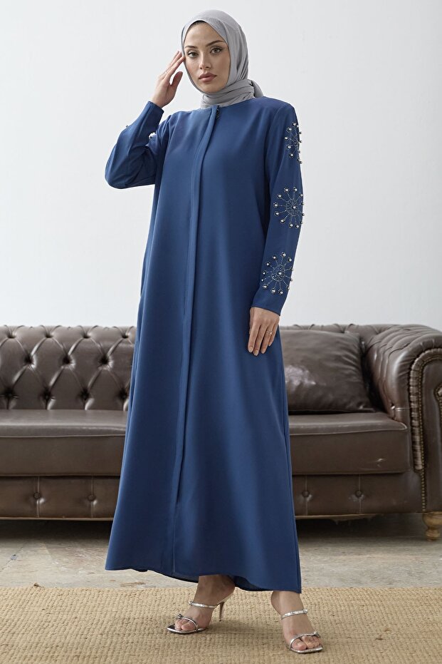 Ferace with Pearl and Stone Detail on the Sleeves - Indigo