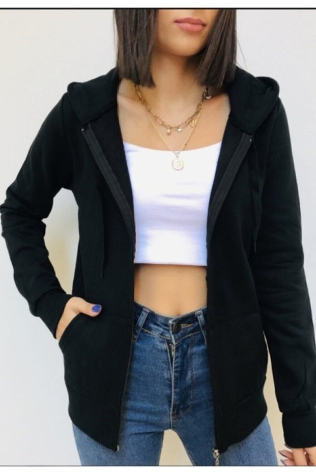 Women's Black Hooded Zipper Sweatshirt