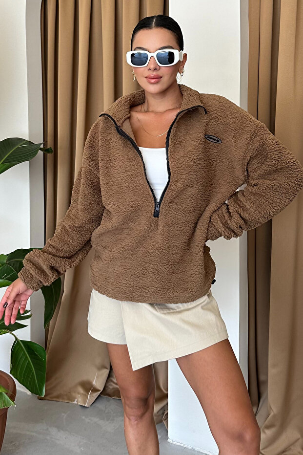 Unisex Göğüs Detaylı Dik Yaka Yarım Fermuar Polar Sweatshirt - 3