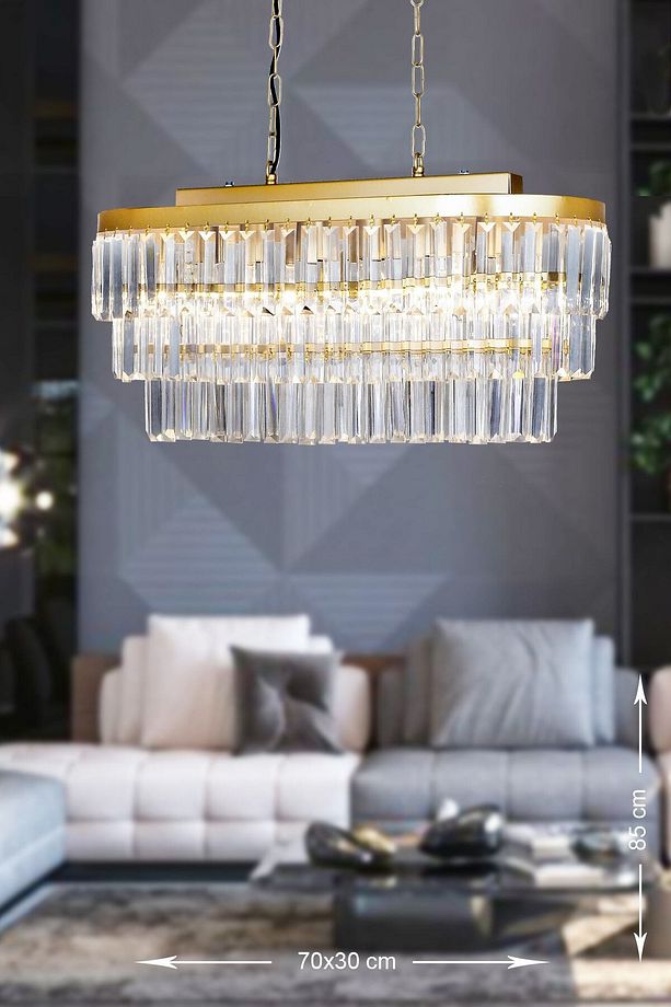 Linsa 70x30 Cm'lik Kristal Cam Taşlı Yemek Masası Üstü Lüks Avize - (sarı Yaldız) - 1