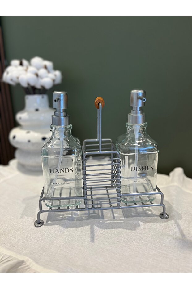 Set of 2 Glass Soap Dishes with Wooden Handles and Stands, Gray