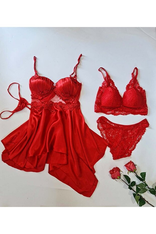 Passion red satin 4-piece nightgown set 6602