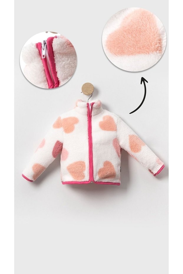 Warm in Winter!Girl's Large Plush Cardigan - Heart Patterned Zippered Children's Coat Models