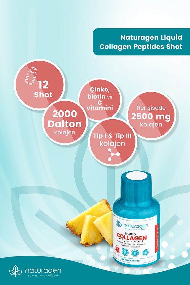 Kolajen Ananas Aromalı Likit Collagen Shot 60 ml X12 Adet Şişe Tip 1 & Tip3 Hidrolize Sıvı Collagen - 5