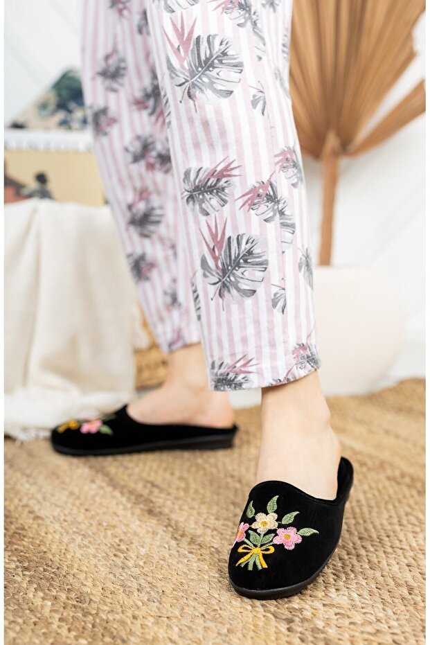 Fekete Buket Női Beltéri Papucs Téli Beltéri Puha Kényelmes Papucsok Hímzett Születéshozomány Vendégpapucsok - 4