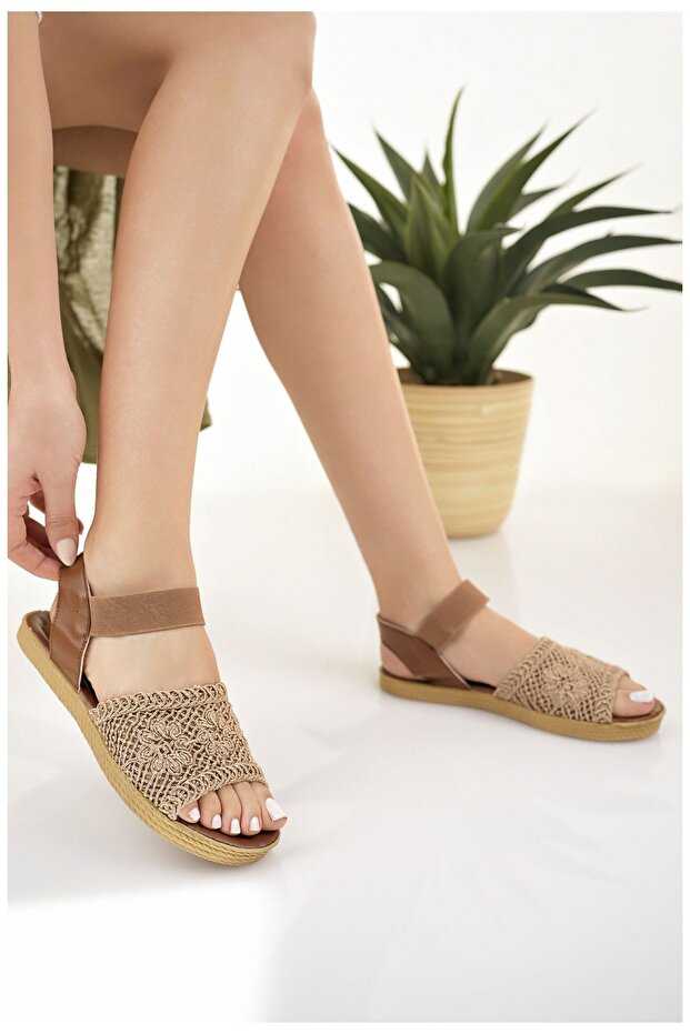 Kadın Hasır Sandalet Taba Örgü Dantel Triko Nakış İşlemeli Yeni Sezon Yazlık Plaj Tatil Sandalet - 3