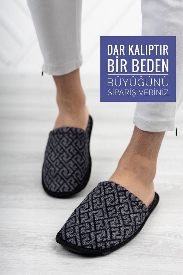 Siyah Kareli Erkek Önü Kapalı Terlik Peluş Yıkanabilir Ev Terliği Misafir Çeyiz Damat Terliği - 2