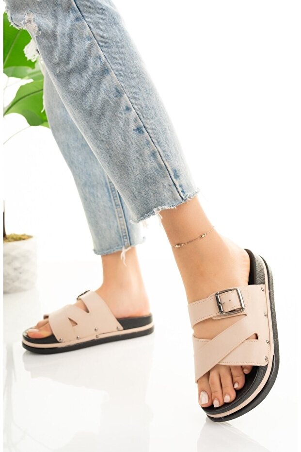 Women's Orthopedic Slippers Beige Sabo Wedge Heel Stylish Comfortable Daily Slippers