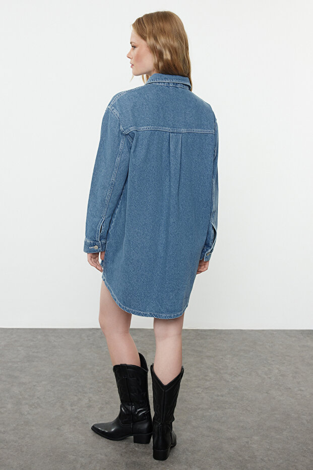 Mavi Dikiş Detaylı Mini Denim Gömlek Elbise TWOAW25EL00347 - 5