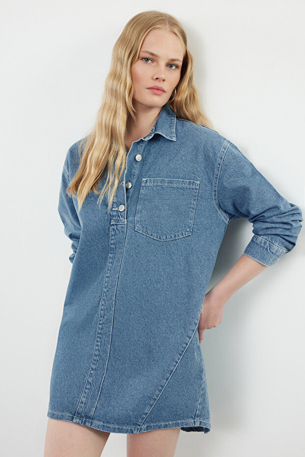 Mavi Dikiş Detaylı Mini Denim Gömlek Elbise TWOAW25EL00347 - 2