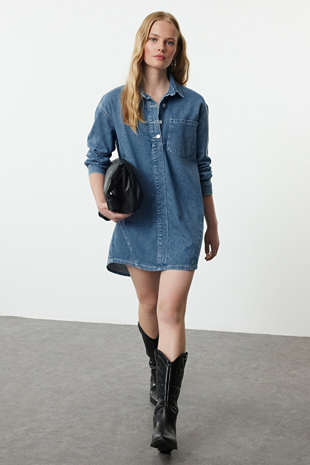 Mavi Dikiş Detaylı Mini Denim Gömlek Elbise TWOAW25EL00347 - 1