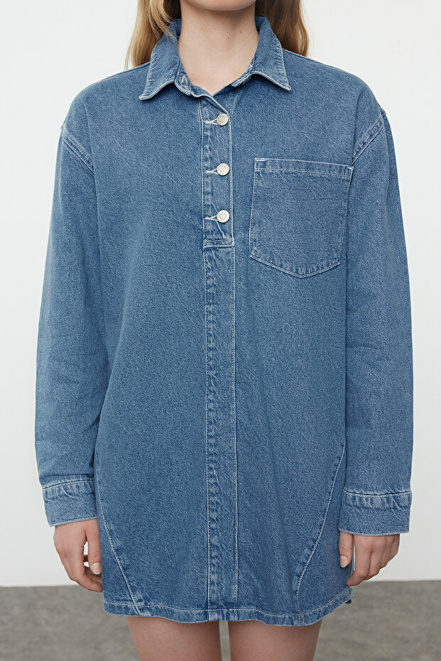 Mavi Dikiş Detaylı Mini Denim Gömlek Elbise TWOAW25EL00347 - 3