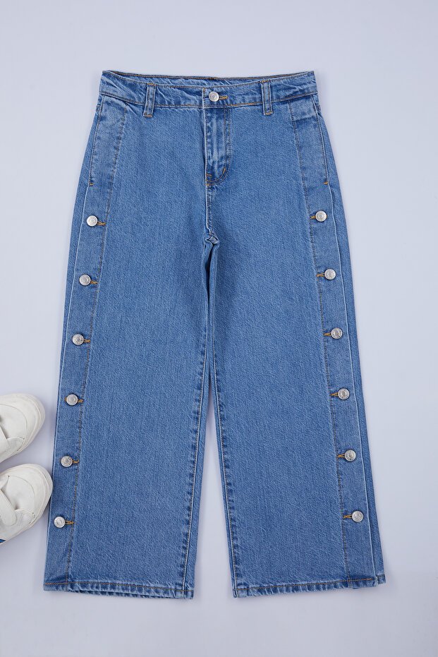 Mavi Kız Çocuk Geniş Paça İşlemeli Pamuklu Lastikli Denim Pantolon TKDAW25PL00000 - 2