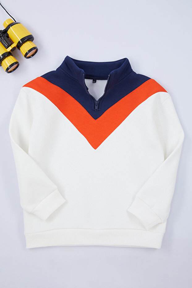 Ekru Kız Çocuk Renk Bloklu Örme Sweatshirt TKDAW25SW00036 - 1
