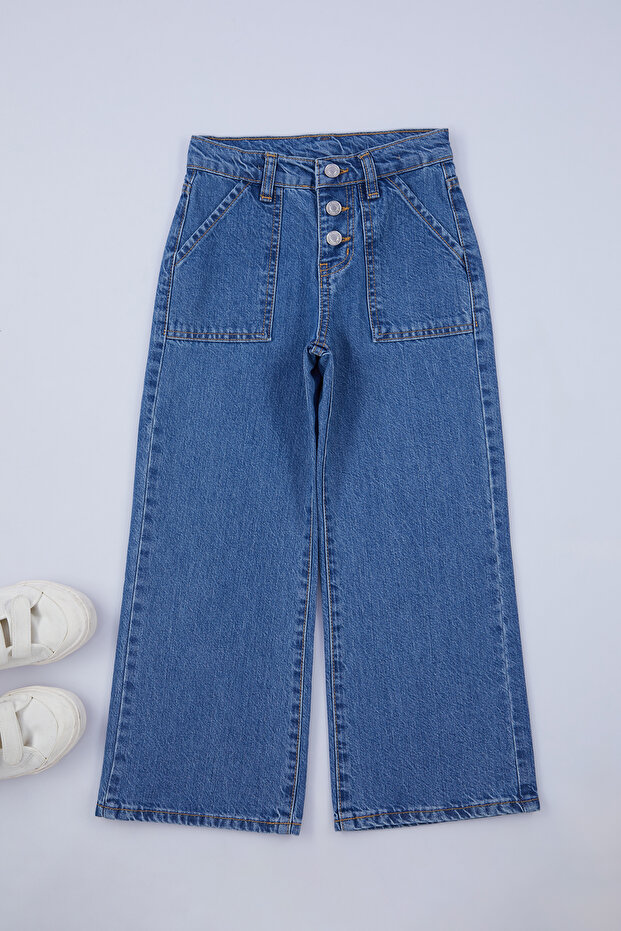 Orta Mavi-5001 Kız Çocuk Geniş Paça Cepli Pamuklu Lastikli Jean Denim Pantolon TWOAW25PL00066 - 3