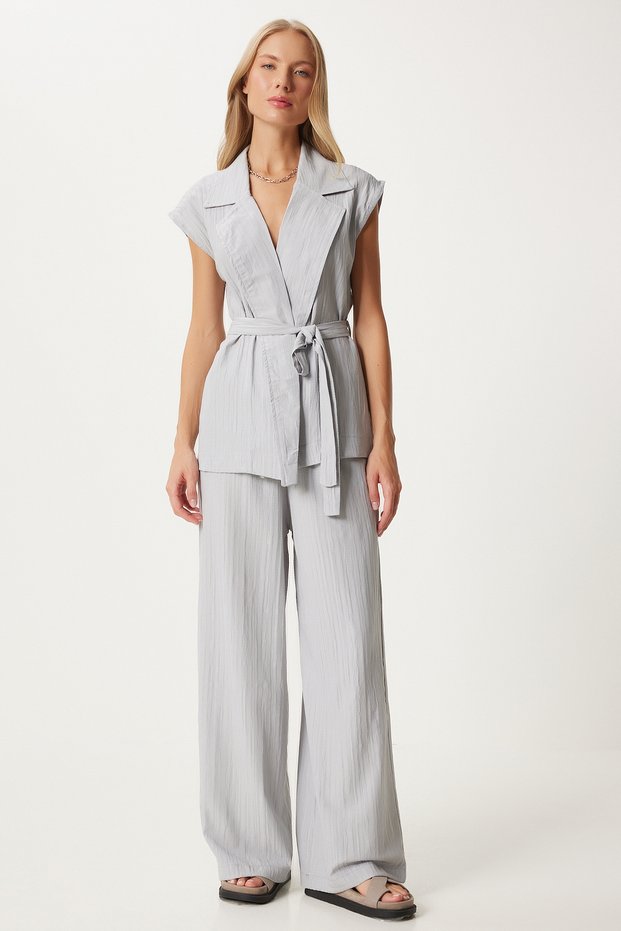 Women's Gray Belted Vest Palazzo Knit Set BY00055