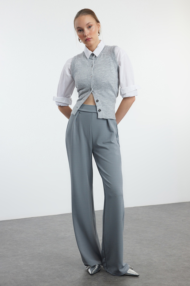 Gray Pleated Wide Leg/Relaxed Cut Trousers TWOSS24PL00038