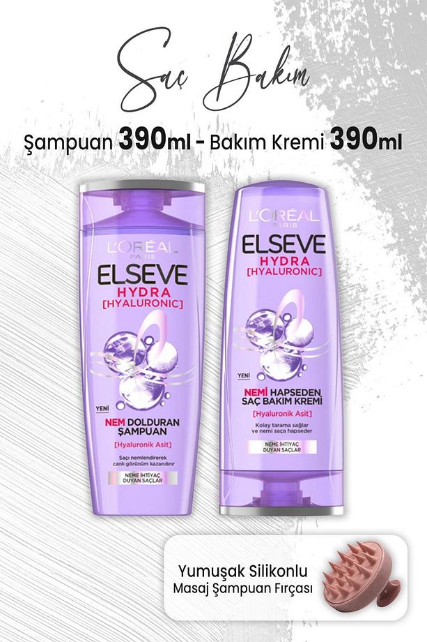 Hydra Hyaluronik Şampuan 390 Ml, Bakım Kremi 390 ml Ve Masaj Şampuan Fırçası Pembe - 1