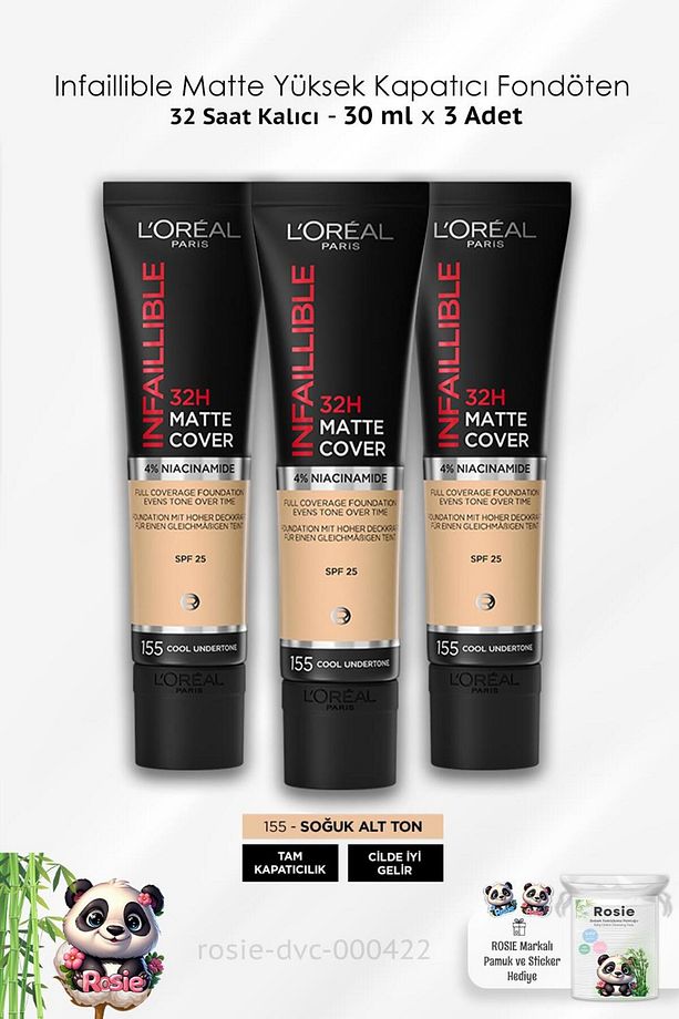 3 Adet Loreal Paris Infaillible Yüksek Kapatıcı Fondöten - 155 Soğuk Alt Ton 30 ml ve ROSIE - 1