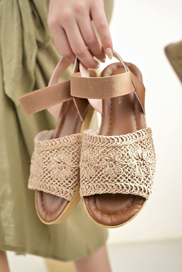 Kadın Hasır Sandalet Taba Örgü Dantel Triko Nakış İşlemeli Yeni Sezon Yazlık Plaj Tatil Sandalet - 4