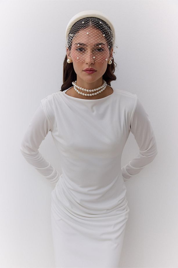 HAILEY DRAPELİ ABİYE ELBİSE EKRU - 1