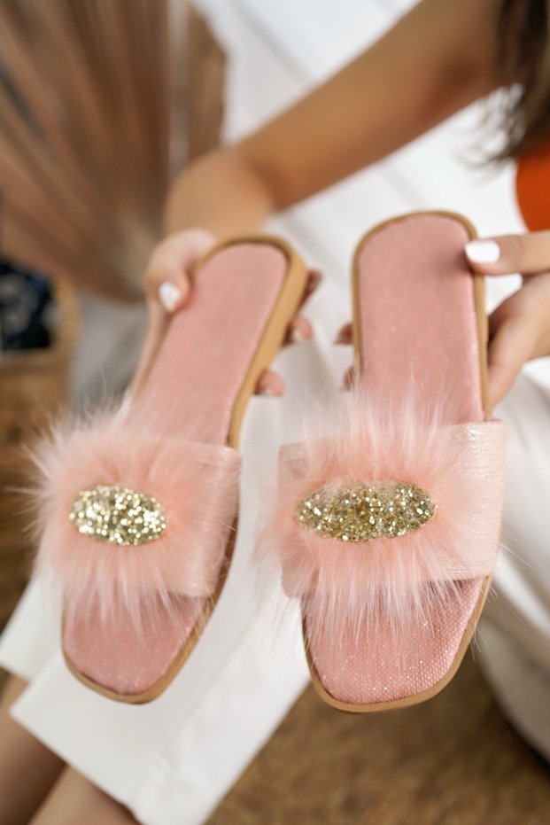Feather Stone Slippers Pink Women's Stylish Daily House Slippers Fancy Dowry Birth Guest Bridal Slippers