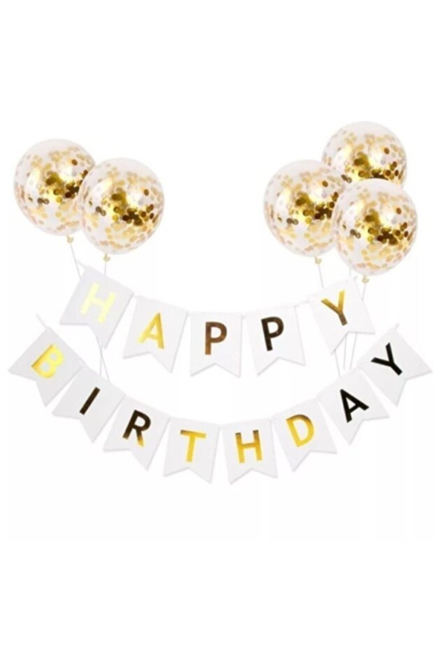 Happy Birthday White Foil Banner Transparent Balloon Set with Text Confetti