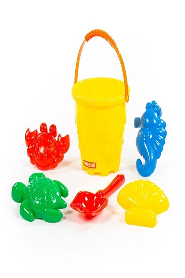 Set No:531: Bucket-castle Large, Small Hand Shovel, Molds (crab+seahorse+seashell+turtle)