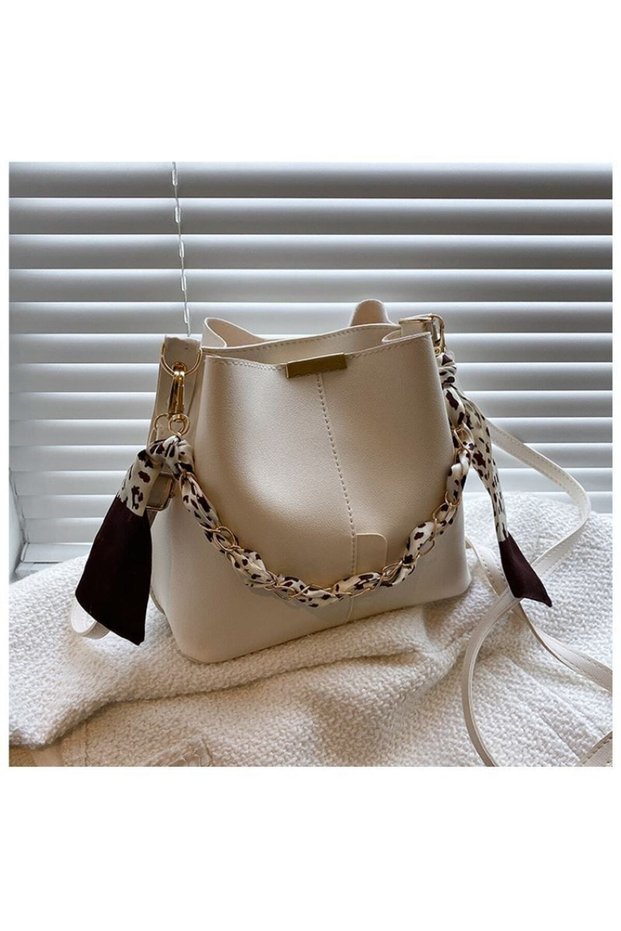 Women's White Scarf and Chain Accessory Soft Leather 3 Compartment Handbag and Shoulder Bag