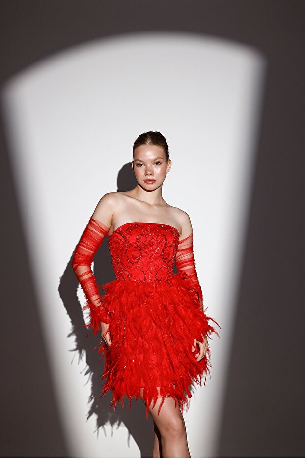 Otrişli Kırmızı Straplez Mini Elbise - 5