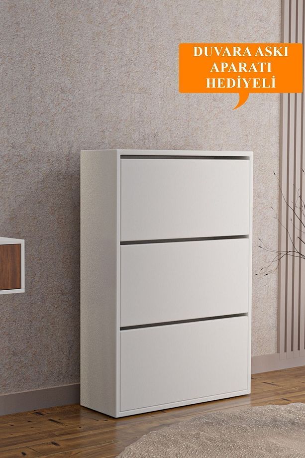 AE-1078 Vizyon Ayakkabılık Duvara Monte Edilebilir, Beyaz Düşer Kapak, 3 Kapaklı, 6 Raflı, 110 cm - 1