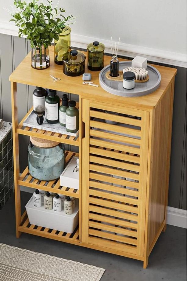 Bambu Masif 3 Raflı Tek Kapaklı Çok Amaçlı Düzenleyici organizer dolap Kahverengi Db-0005 - 3