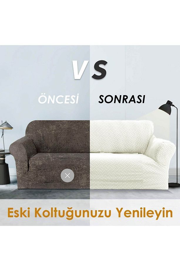 Tuğla Desen 3 Krem Kişilik Lastikli Kanepe Örtüsü | Lastikli Koltuk Örtüsü | koltuk kılıfı - 4