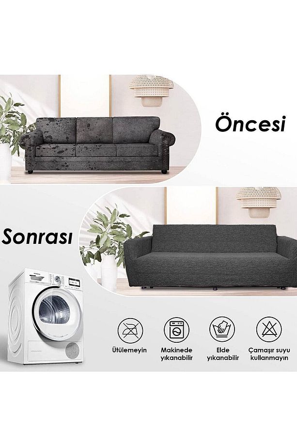 Jakarlı 3 Kişilik Antrasit Lastikli Kanepe Örtüsü | Lastikli Koltuk Örtüsü | koltuk kılıfı - 2