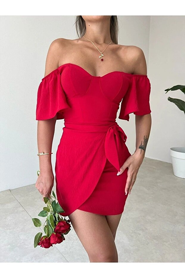 Leaf Sleeve Front Tie with Chest Pad Mini Cocktail Invitation Evening Dress