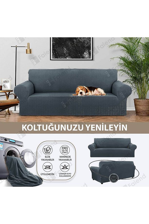 Likrali Esnek 3 Kişilik Antrasit Lastikli Kanepe Örtüsü | Lastikli Koltuk Örtüsü | koltuk kılıfı - 3
