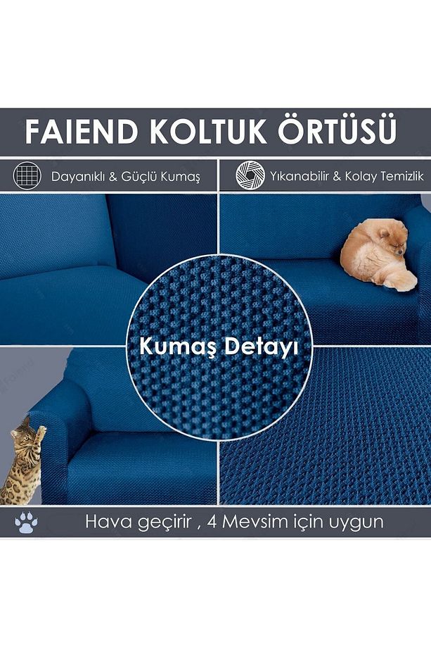 Balpeteği 3+3+1+1 petrolmavi lastikli kanepe örtüsü | lastikli koltuk örtüsü | koltuk kılıfı takımı - 4
