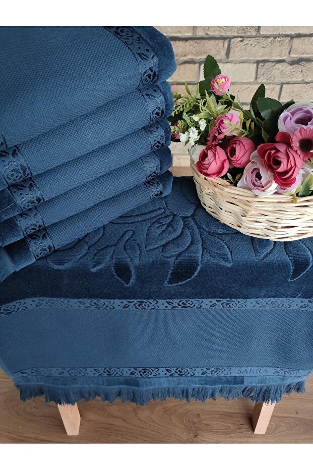 50X90Cm Sarra 6-Piece Fringed Etamine Dark Towel - Navy Blue