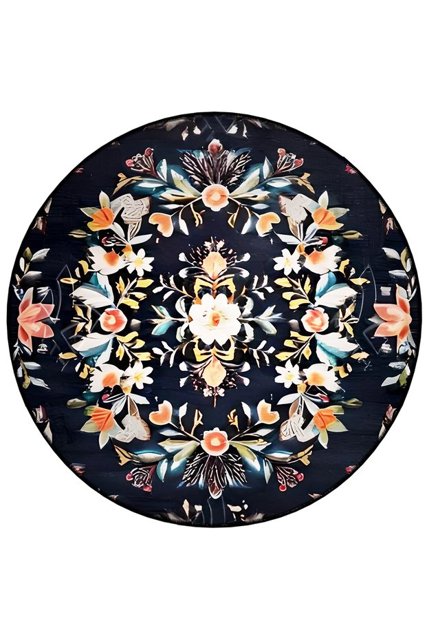 Mira Round Multicolored Flower Detailed Woven Base on Black Background Modern Decorative Carpet 5709