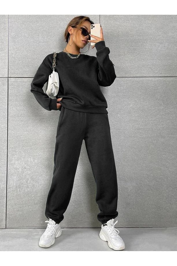 Basic Kalın Kışlık Sweatshirt Eşofman Altı Jogger - Siyah Alt Üst Eşofman Takımı Bisiklet Yaka - 5