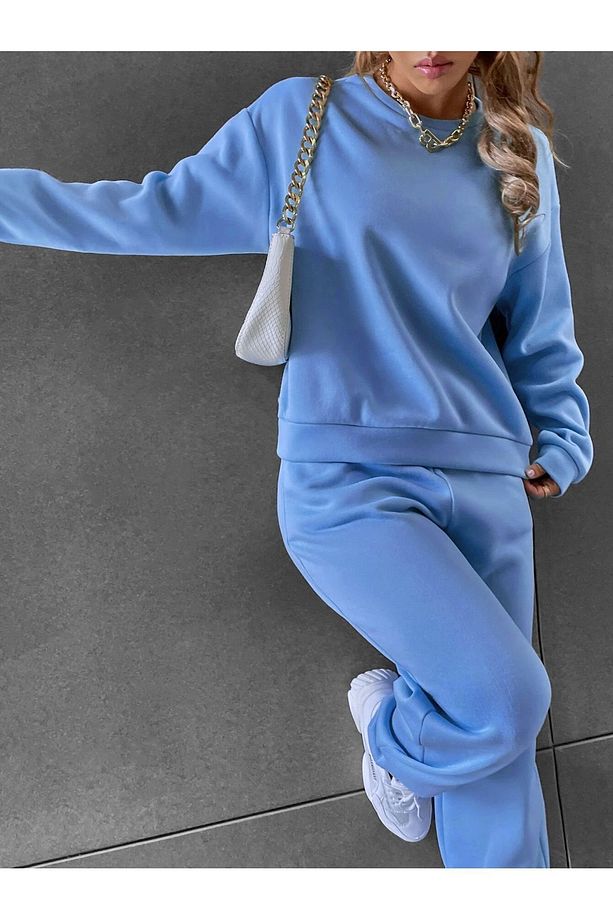 Basic Kalın Kışlık Sweatshirt Eşofman Altı Jogger Bebe Mavisi Alt Üst Eşofman Takımı Bisiklet Yaka - 4