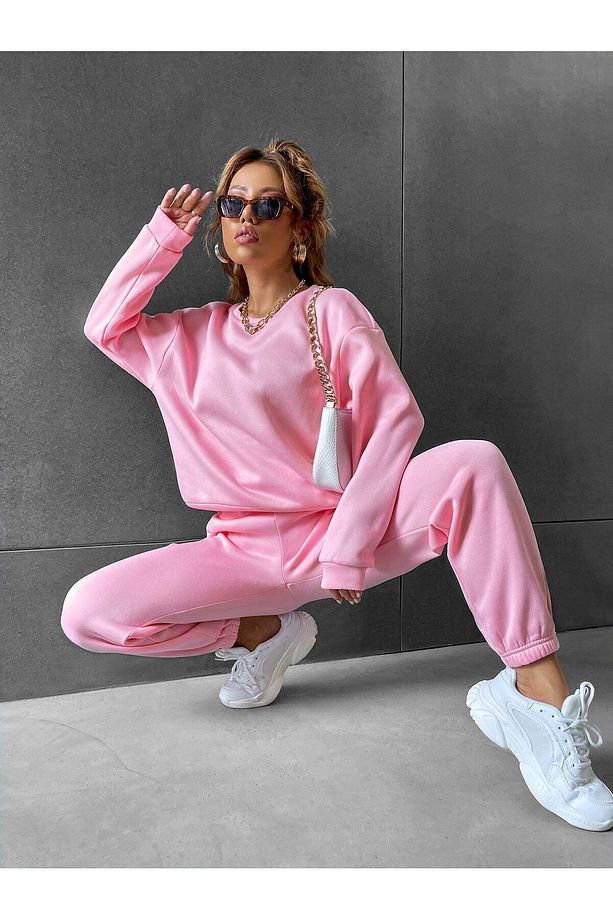 Basic Kalın Kışlık Sweatshirt Eşofman Altı Jogger - Pembe Alt Üst Eşofman Takımı Bisiklet Yaka - 1