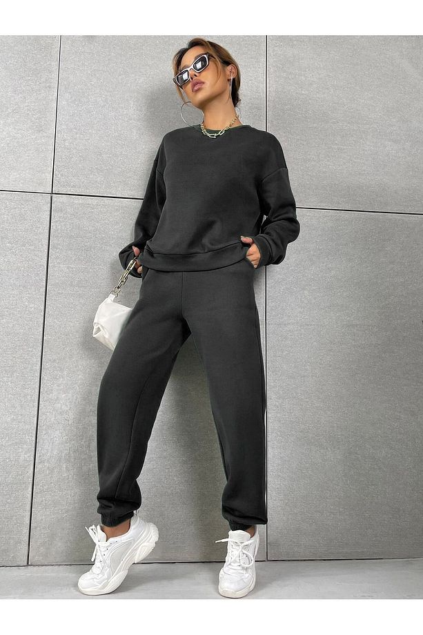 Basic Kalın Kışlık Sweatshirt Eşofman Altı Jogger - Siyah Alt Üst Eşofman Takımı Bisiklet Yaka - 6