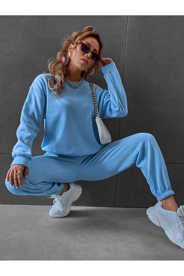 Basic Kalın Kışlık Sweatshirt Eşofman Altı Jogger Bebe Mavisi Alt Üst Eşofman Takımı Bisiklet Yaka - 1