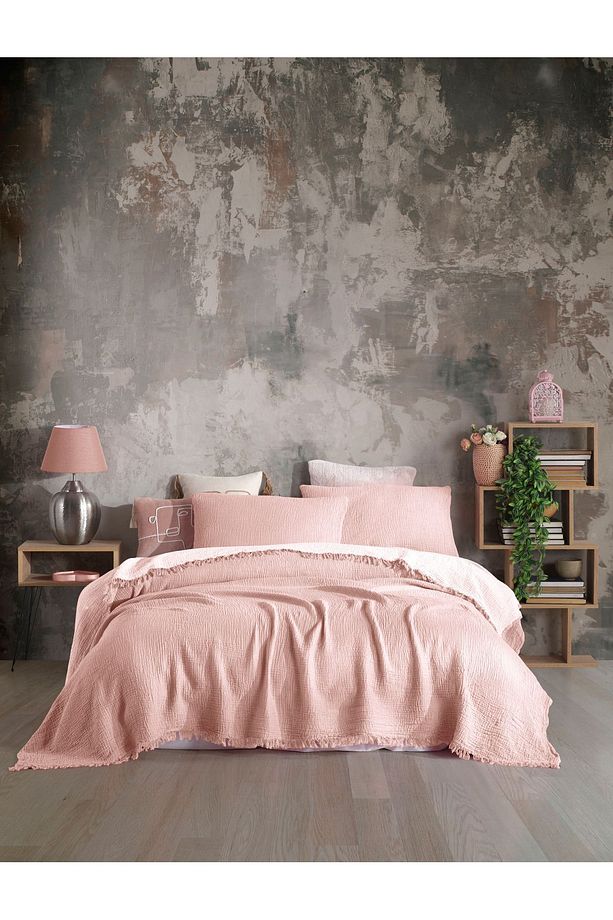 Pembe Tek Kişilik 160x240cm Yatak Örtüsü/1 Adet 50x70cm Yastık 4 Katlı Multi Muslin %100 Pamuk - 2