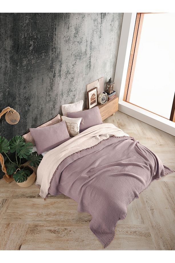 Lila Tek Kişilik 160 X 240cm Yatak Örtüsü/1 Adet 50x70cm Yastık 4 Katlı Multi Muslin %100 Pamuk - 1