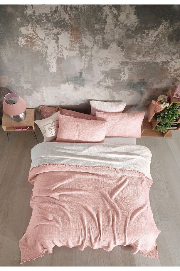 Pembe Tek Kişilik 180x240cm Yatak Örtüsü/1 Adet 50x70cm Yastık 4 Katlı Multi Muslin %100 Pamuk - 1