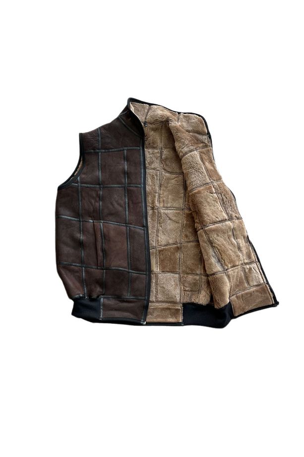 PatchWork İçi Kürk-Dışı Süet Hakiki Deri Yakalı Biye ve Triko Detaylı Yelek - 5