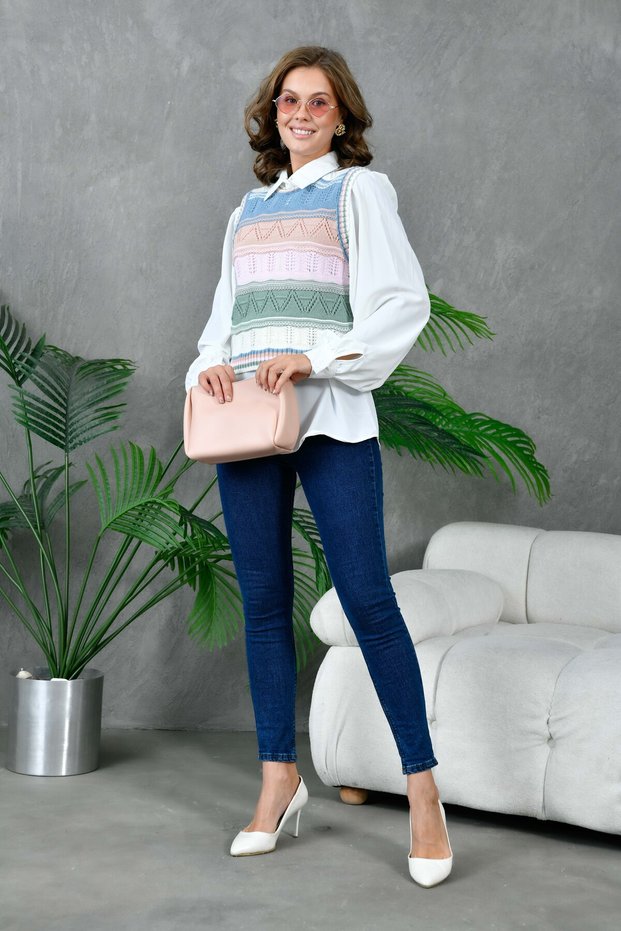 Women's Multicolored Knitwear Sweater and White Shirt Set