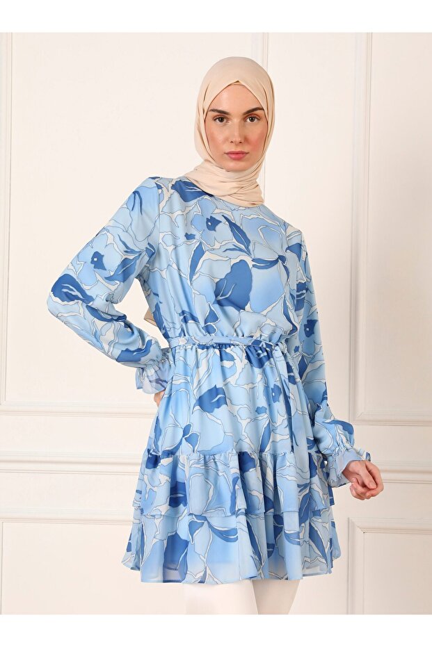 Blue Leaf Patterned Chiffon Tunic - Refka - 2